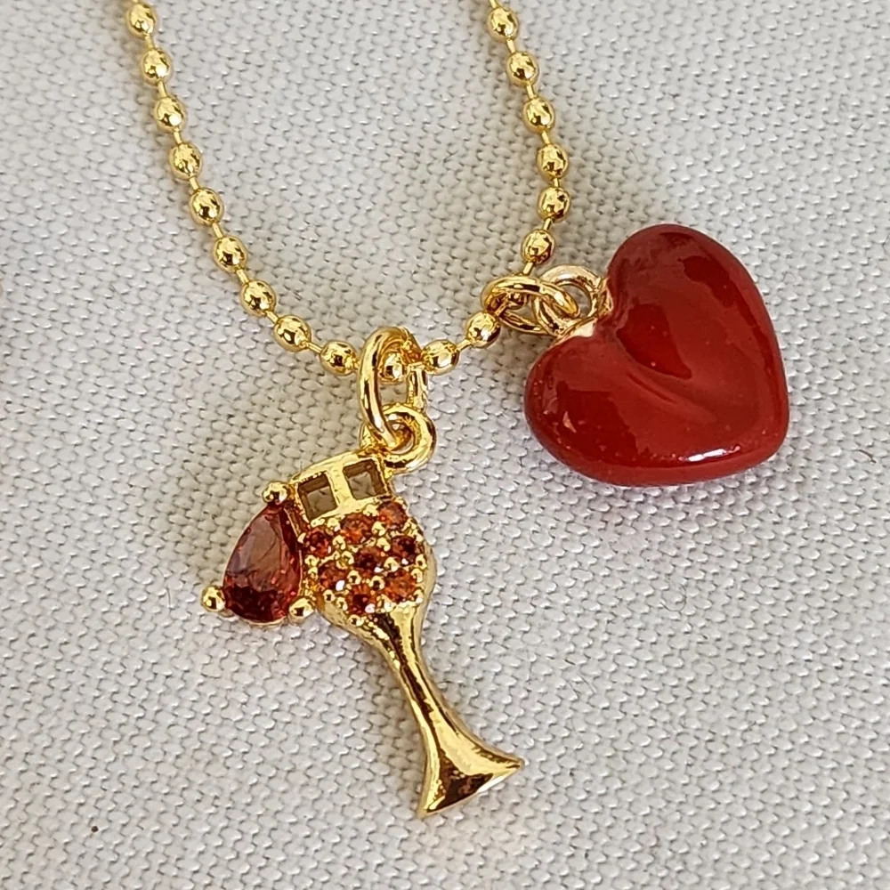 Delicate Gold Charm Necklace Red Stone Heart and Red Wine Glass
